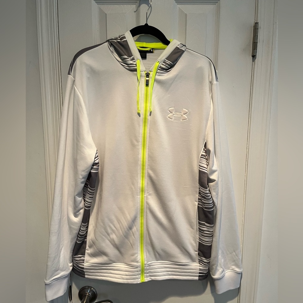 Under Armour zip up size medium. White with gray stripes and geeen accen…